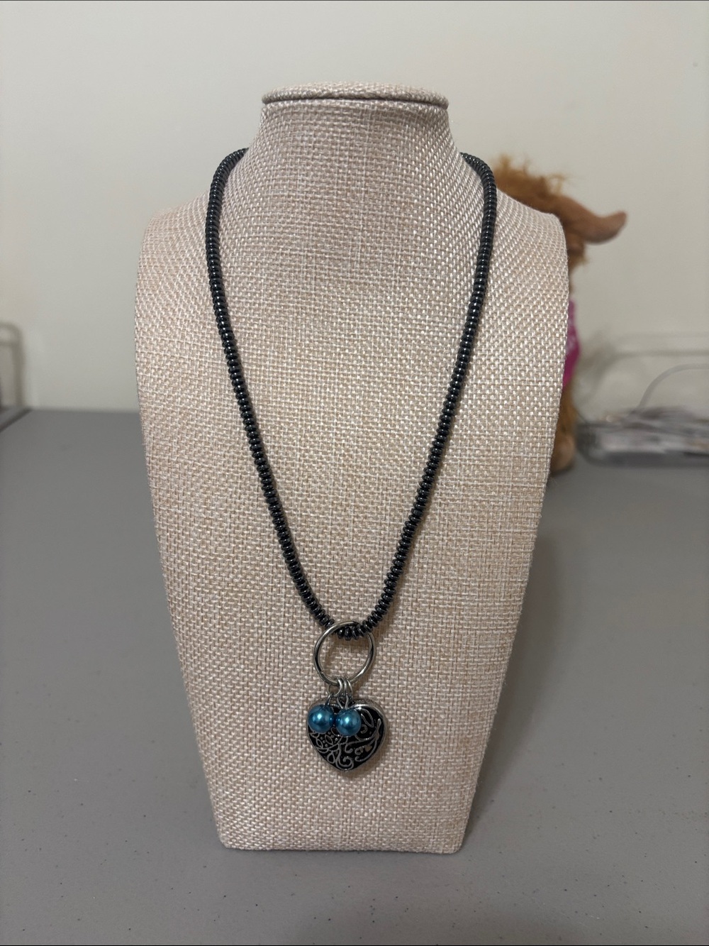 Heart Pendant Beaded Necklace with Blue Accent